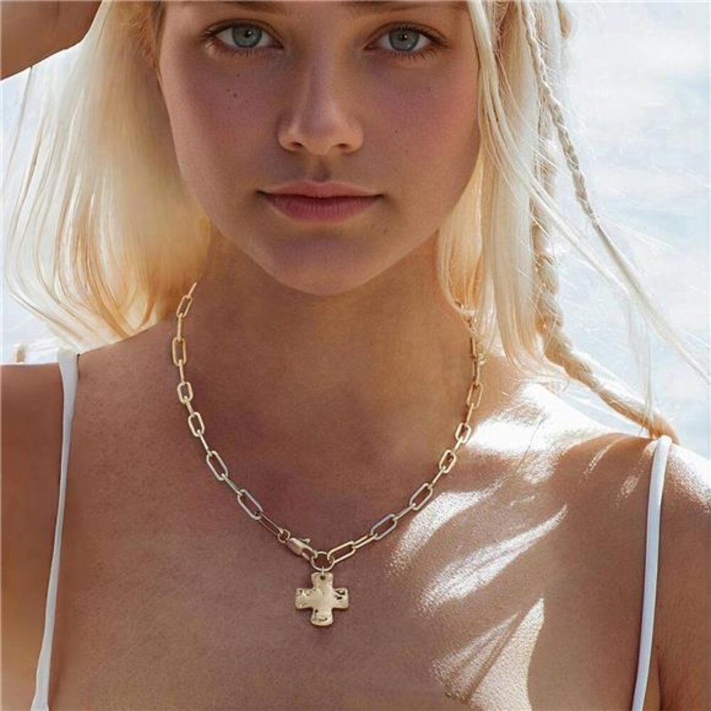 Chunky Cross Necklace for Women Trendy 14K Gold Silver Layered Statement Cross - Picture 2 of 7